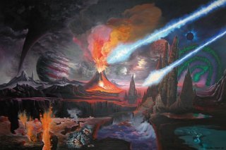 Cataclysme extra-terrestre, 7e allégorie apocalyptique, 1967 (huile sur toile, 195 x 130 cm,) / tableau de Jean-Paul Faisant.